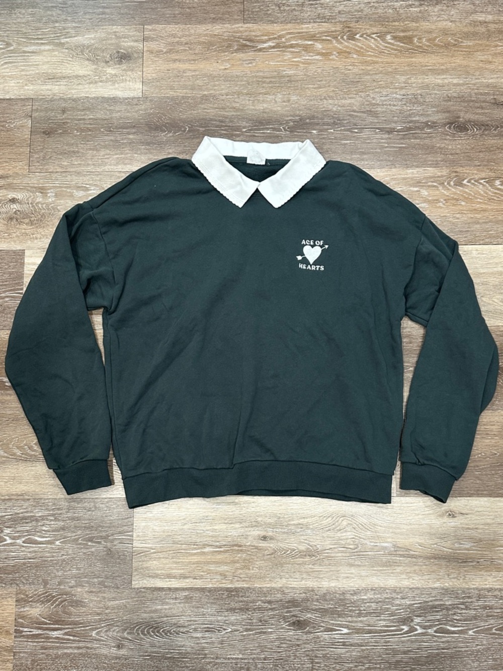The Upside Dark Green Crewneck Sweater with White Contrast Collar